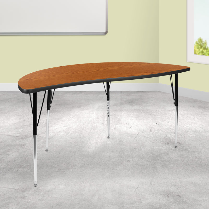 60" Half Circle Wave Flexible Collaborative Oak Thermal Laminate Activity Table - Standard Height Adjustable Legs