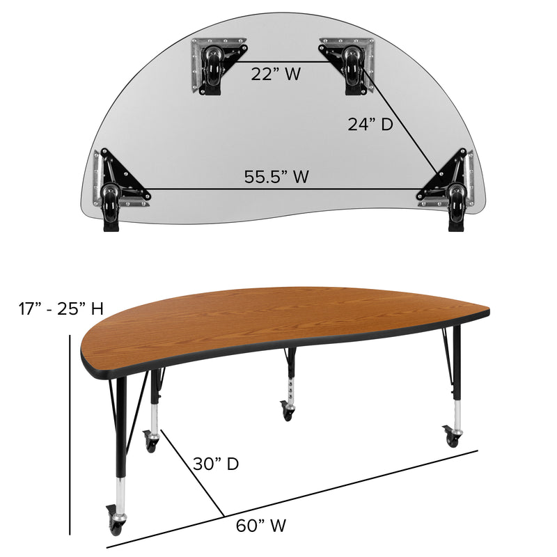 Mobile 60" Half Circle Wave Flexible Collaborative Oak Thermal Laminate Activity Table - Height Adjustable Short Legs