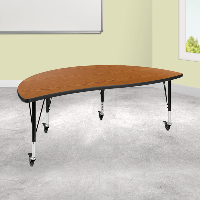 Mobile 60" Half Circle Wave Flexible Collaborative Oak Thermal Laminate Activity Table - Height Adjustable Short Legs