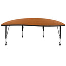 Mobile 60" Half Circle Wave Flexible Collaborative Oak Thermal Laminate Activity Table - Height Adjustable Short Legs