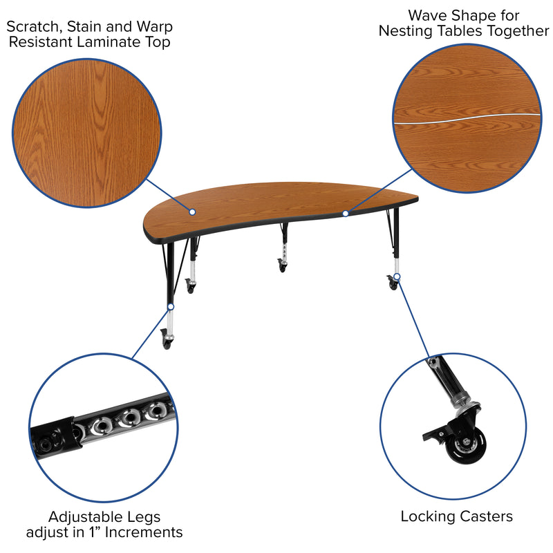 Mobile 60" Half Circle Wave Flexible Collaborative Oak Thermal Laminate Activity Table - Height Adjustable Short Legs