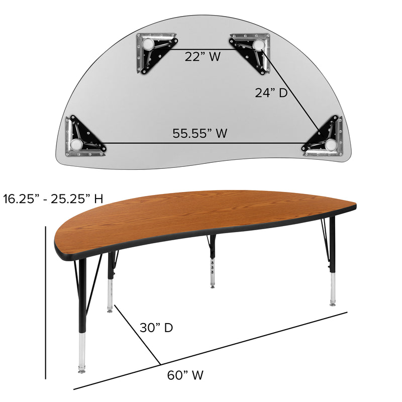 60" Half Circle Wave Flexible Collaborative Oak Thermal Laminate Activity Table - Height Adjustable Short Legs