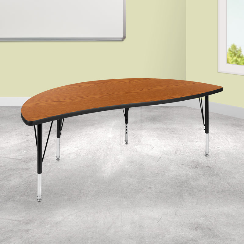 60" Half Circle Wave Flexible Collaborative Oak Thermal Laminate Activity Table - Height Adjustable Short Legs