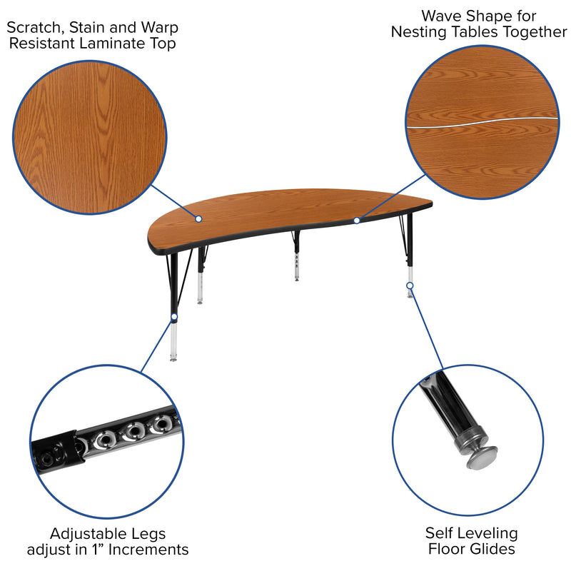 60" Half Circle Wave Flexible Collaborative Oak Thermal Laminate Activity Table - Height Adjustable Short Legs