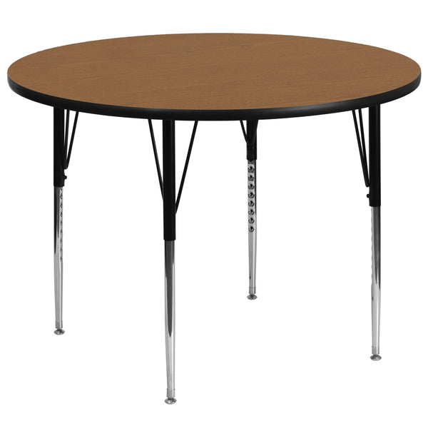 60'' Round Oak Thermal Laminate Activity Table - Standard Height Adjustable Legs