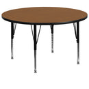 60'' Round Oak Thermal Laminate Activity Table - Height Adjustable Short Legs