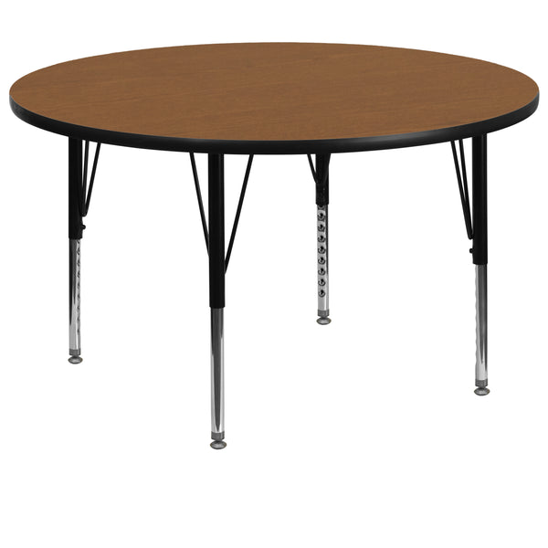 60'' Round Oak Thermal Laminate Activity Table - Height Adjustable Short Legs