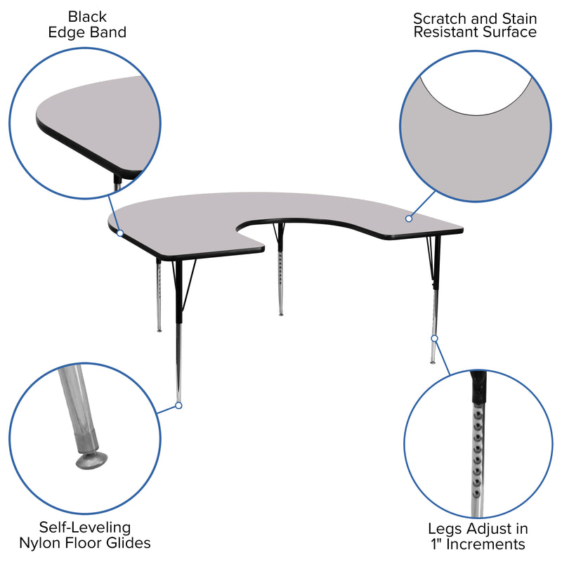 60''W x 66''L Horseshoe Grey Thermal Laminate Activity Table - Standard Height Adjustable Legs