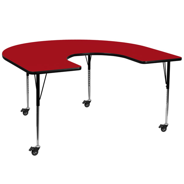 Mobile 60''W x 66''L Horseshoe Red Thermal Laminate Activity Table - Standard Height Adjustable Legs