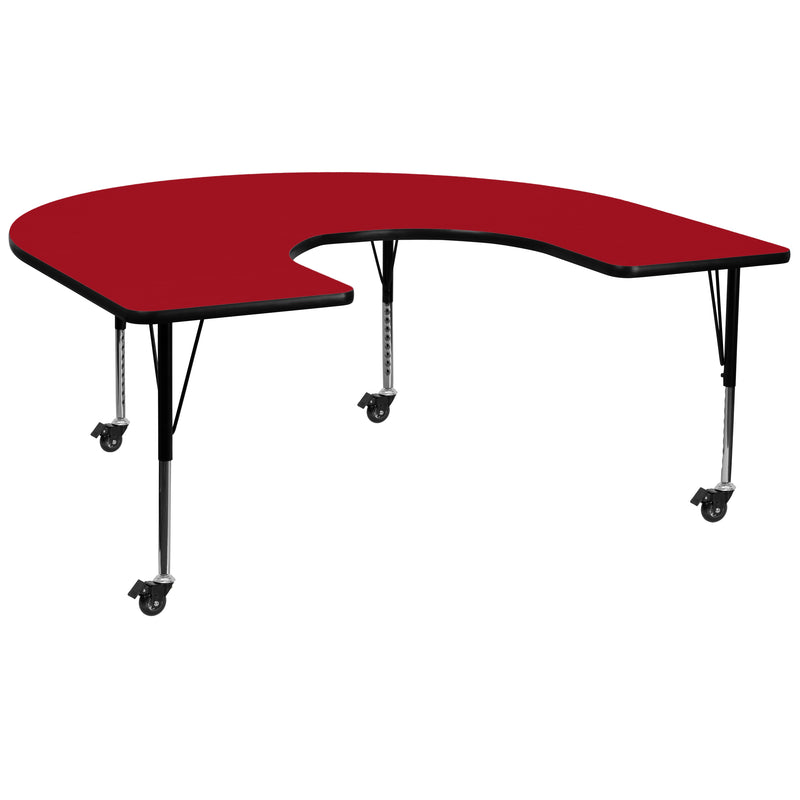 Mobile 60''W x 66''L Horseshoe Red Thermal Laminate Activity Table - Height Adjustable Short Legs