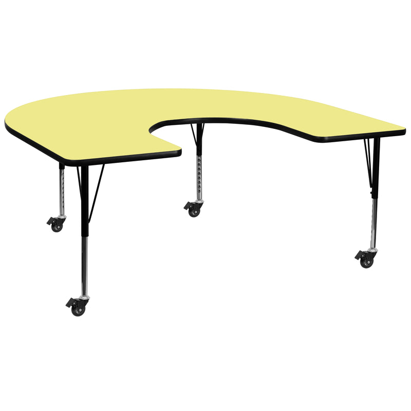 Mobile 60''W x 66''L Horseshoe Yellow Thermal Laminate Activity Table - Height Adjustable Short Legs