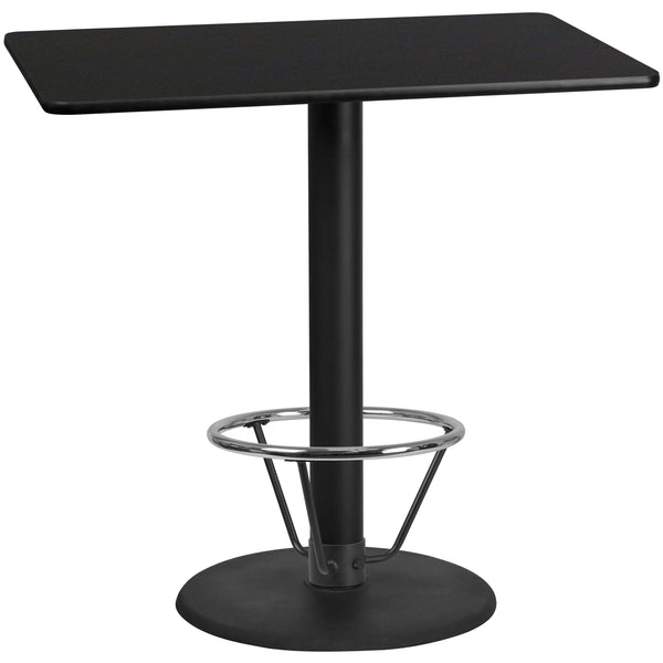 30'' x 48'' Rectangular Black Laminate Table Top with 24'' Round Bar Height Table Base and Foot Ring