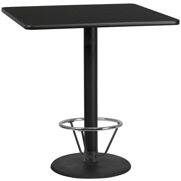 42'' Square Black Laminate Table Top with 24'' Round Bar Height Table Base and Foot Ring