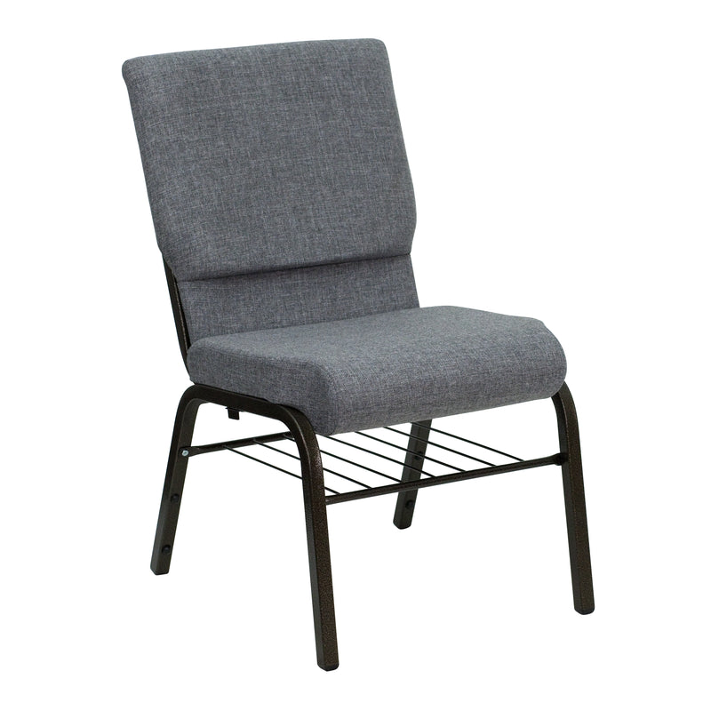 SINGLEWAVE Series 18.5''W Church Chair in Gray Fabric with Book Rack - Gold Vein Frame