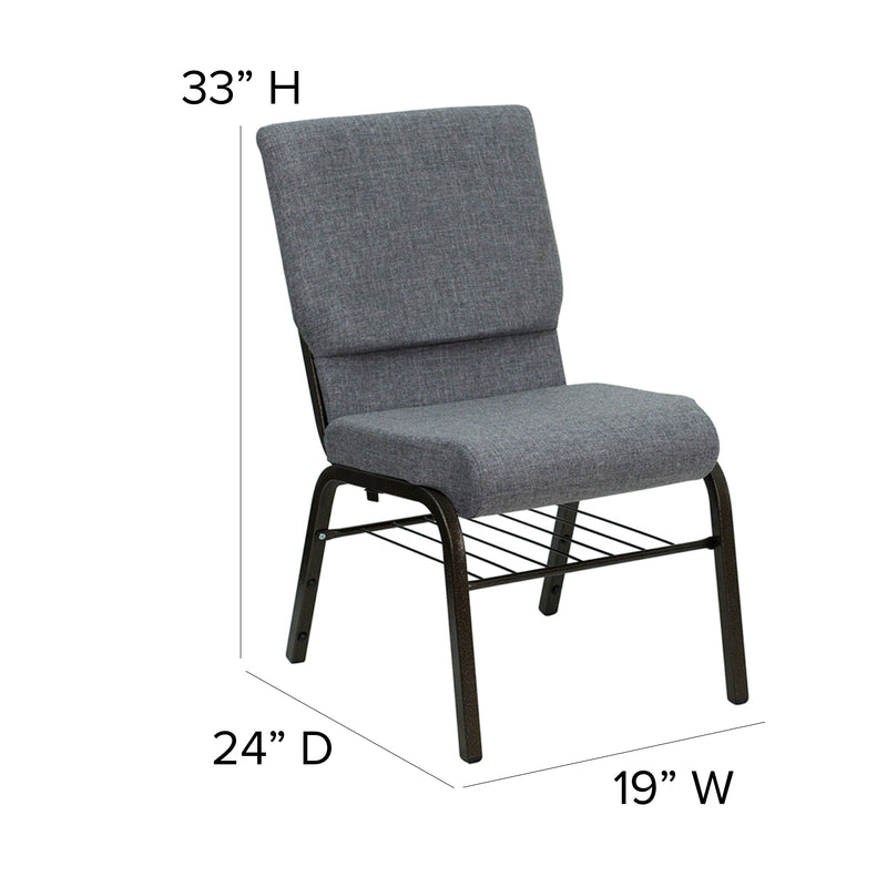 SINGLEWAVE Series 18.5''W Church Chair in Gray Fabric with Book Rack - Gold Vein Frame