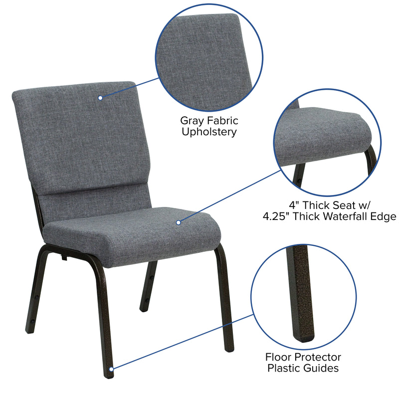 SINGLEWAVE Series 18.5''W Stacking Church Chair in Gray Fabric - Gold Vein Frame