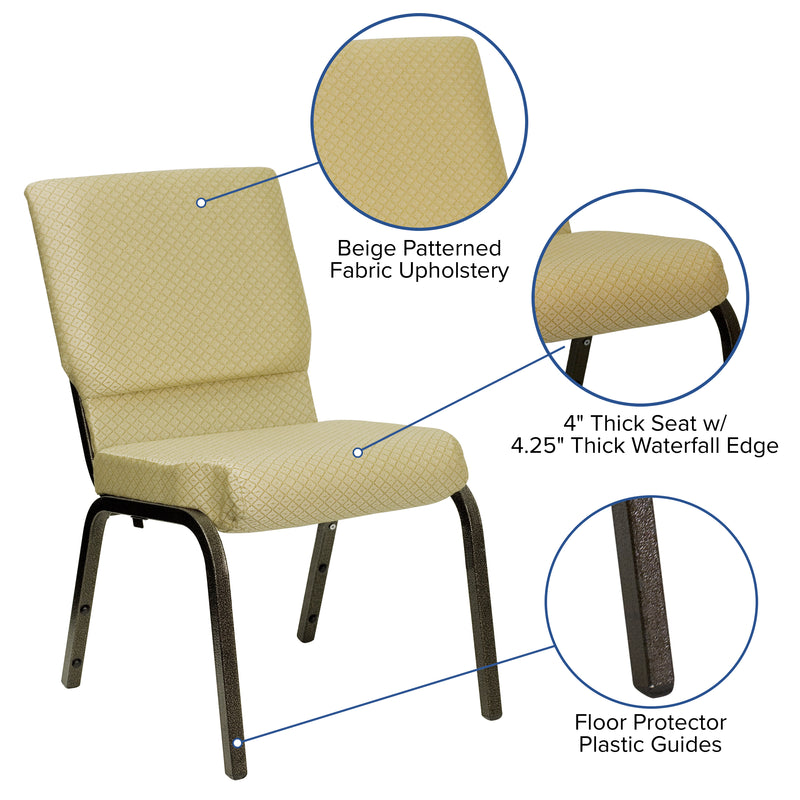 SINGLEWAVE Series 18.5''W Stacking Church Chair in Beige Patterned Fabric - Gold Vein Frame