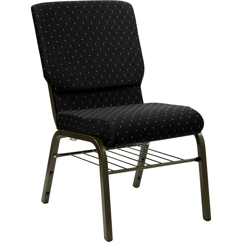 SINGLEWAVE Series 18.5''W Church Chair in Black Dot Patterned Fabric with Book Rack - Gold Vein Frame