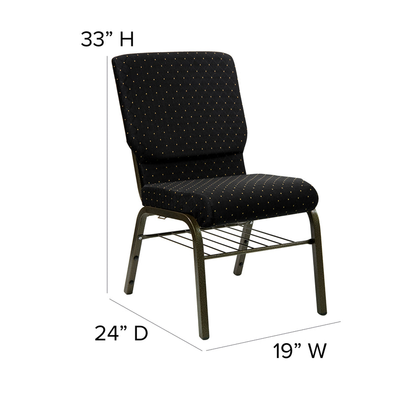 SINGLEWAVE Series 18.5''W Church Chair in Black Dot Patterned Fabric with Book Rack - Gold Vein Frame