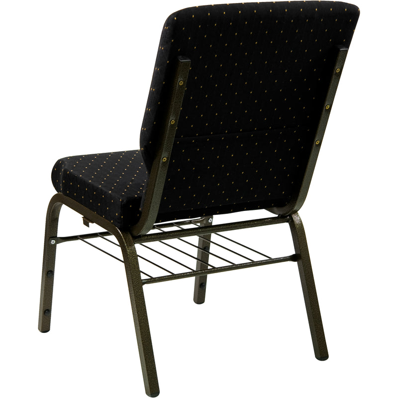 SINGLEWAVE Series 18.5''W Church Chair in Black Dot Patterned Fabric with Book Rack - Gold Vein Frame