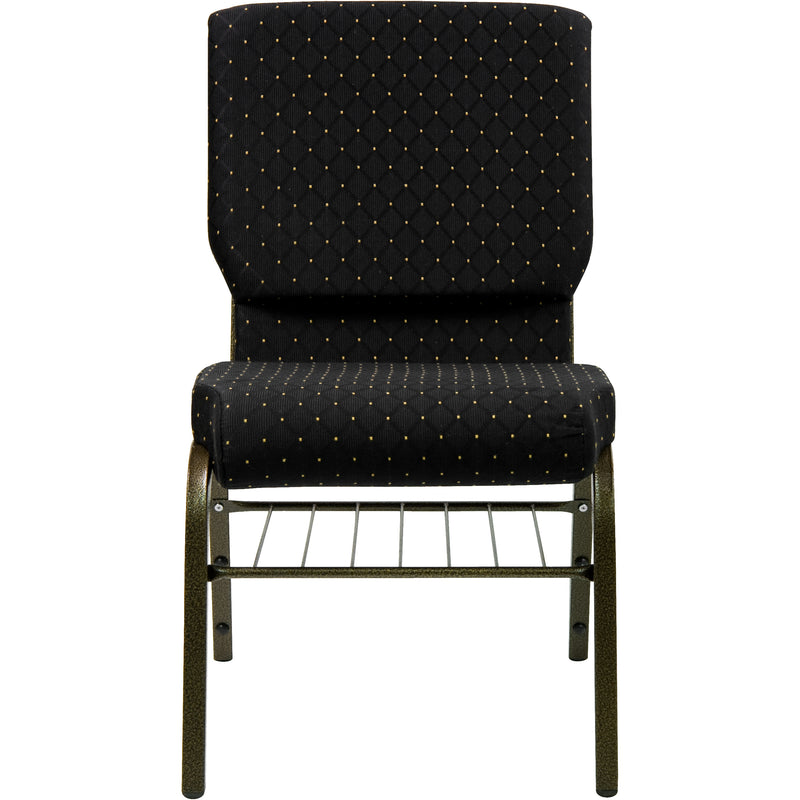 SINGLEWAVE Series 18.5''W Church Chair in Black Dot Patterned Fabric with Book Rack - Gold Vein Frame