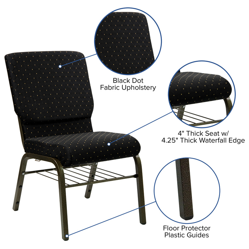 SINGLEWAVE Series 18.5''W Church Chair in Black Dot Patterned Fabric with Book Rack - Gold Vein Frame