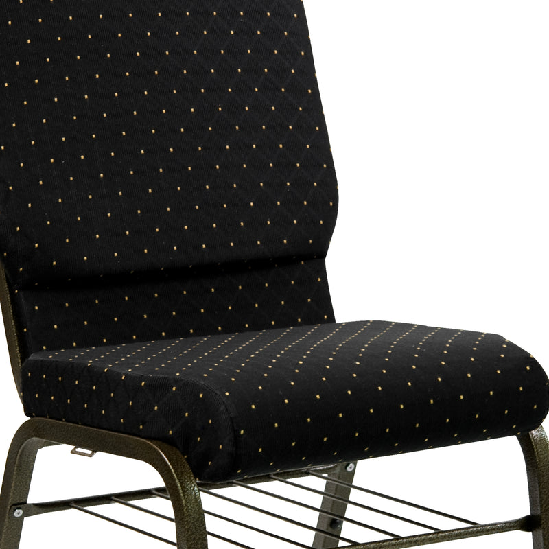 SINGLEWAVE Series 18.5''W Church Chair in Black Dot Patterned Fabric with Book Rack - Gold Vein Frame