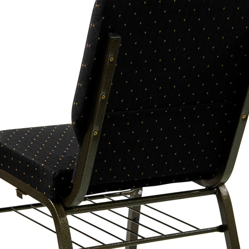 SINGLEWAVE Series 18.5''W Church Chair in Black Dot Patterned Fabric with Book Rack - Gold Vein Frame