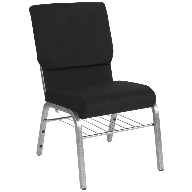 SINGLEWAVE Series 18.5''W Church Chair in Black Fabric with Book Rack - Silver Vein Frame