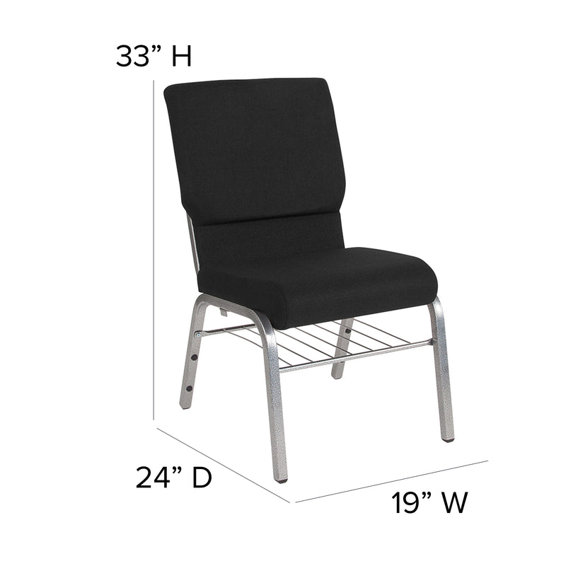 SINGLEWAVE Series 18.5''W Church Chair in Black Fabric with Book Rack - Silver Vein Frame