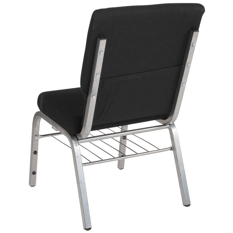 SINGLEWAVE Series 18.5''W Church Chair in Black Fabric with Book Rack - Silver Vein Frame