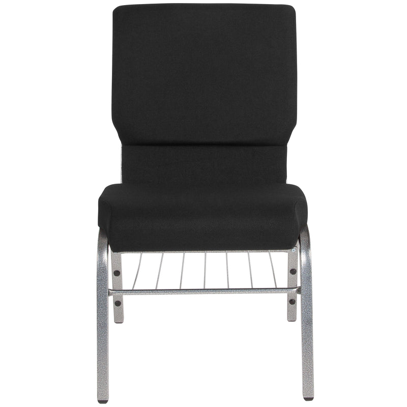 SINGLEWAVE Series 18.5''W Church Chair in Black Fabric with Book Rack - Silver Vein Frame