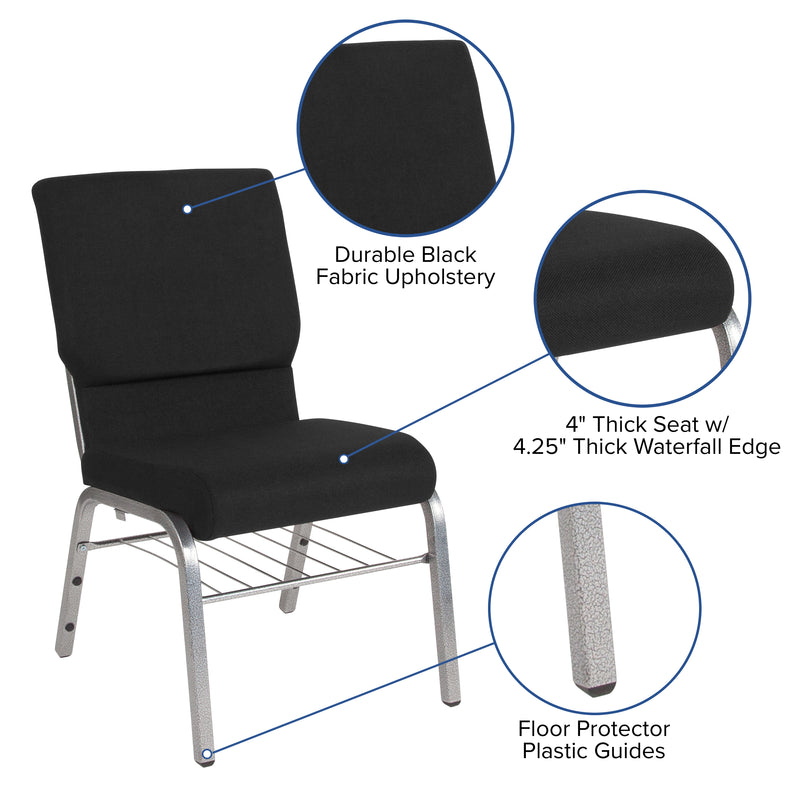 SINGLEWAVE Series 18.5''W Church Chair in Black Fabric with Book Rack - Silver Vein Frame