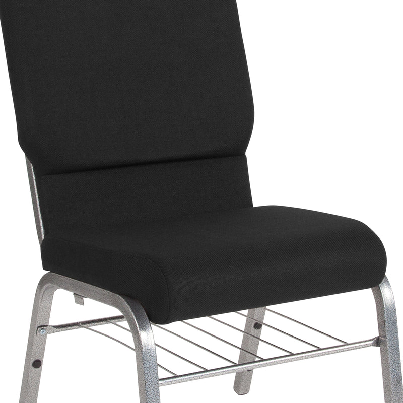 SINGLEWAVE Series 18.5''W Church Chair in Black Fabric with Book Rack - Silver Vein Frame