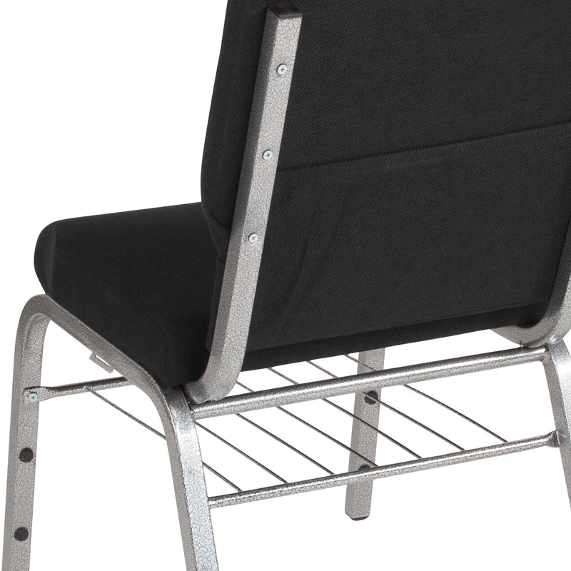 SINGLEWAVE Series 18.5''W Church Chair in Black Fabric with Book Rack - Silver Vein Frame