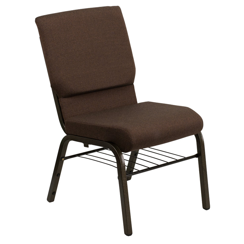 SINGLEWAVE Series 18.5''W Church Chair in Brown Fabric with Book Rack - Gold Vein Frame