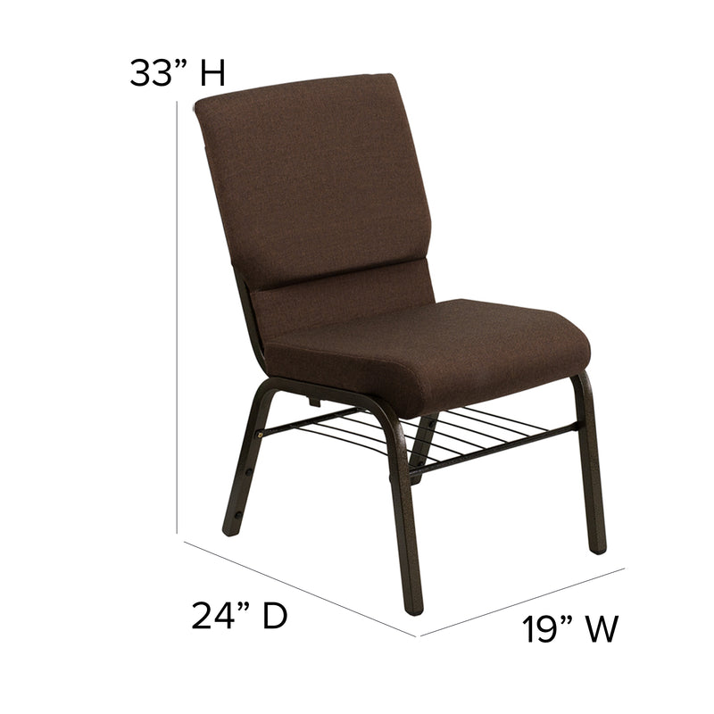 SINGLEWAVE Series 18.5''W Church Chair in Brown Fabric with Book Rack - Gold Vein Frame