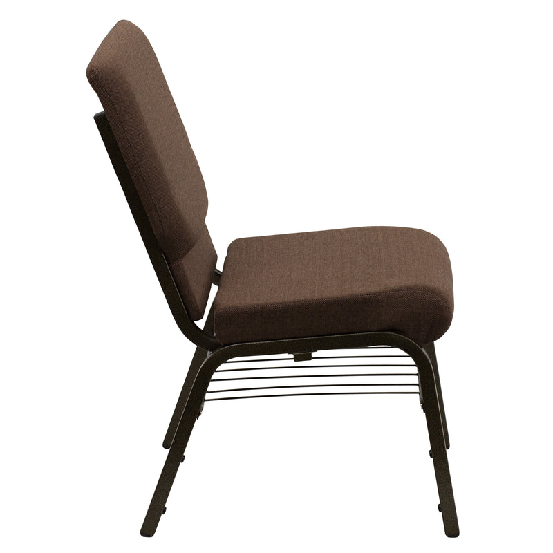 SINGLEWAVE Series 18.5''W Church Chair in Brown Fabric with Book Rack - Gold Vein Frame