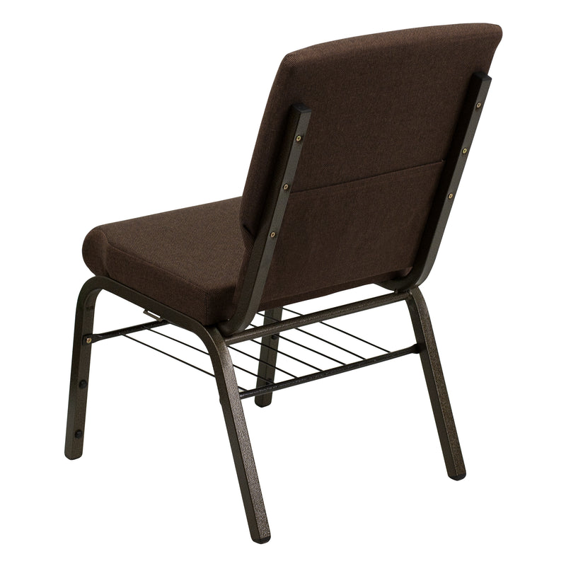 SINGLEWAVE Series 18.5''W Church Chair in Brown Fabric with Book Rack - Gold Vein Frame