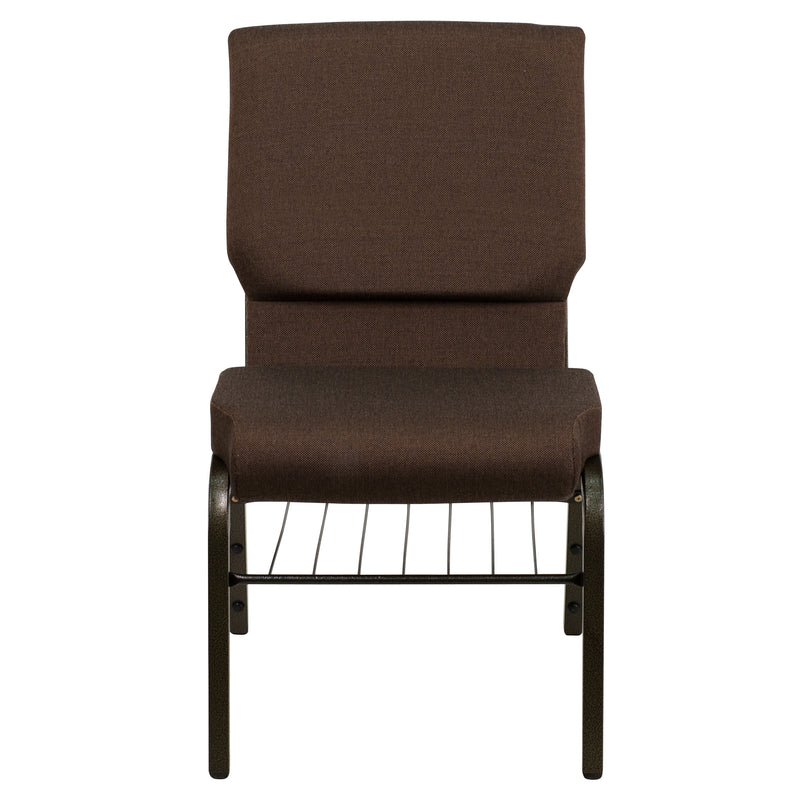 SINGLEWAVE Series 18.5''W Church Chair in Brown Fabric with Book Rack - Gold Vein Frame