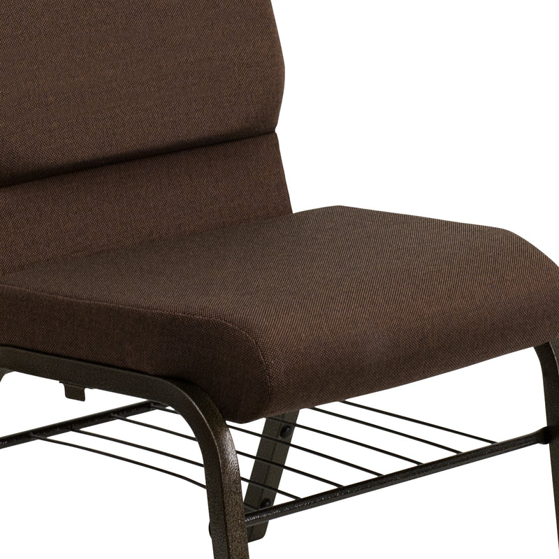 SINGLEWAVE Series 18.5''W Church Chair in Brown Fabric with Book Rack - Gold Vein Frame