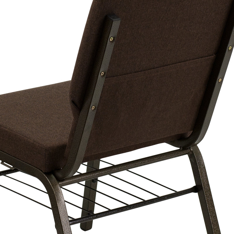 SINGLEWAVE Series 18.5''W Church Chair in Brown Fabric with Book Rack - Gold Vein Frame