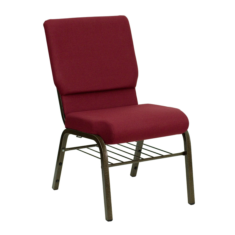 SINGLEWAVE Series 18.5''W Church Chair in Burgundy Fabric with Book Rack - Gold Vein Frame