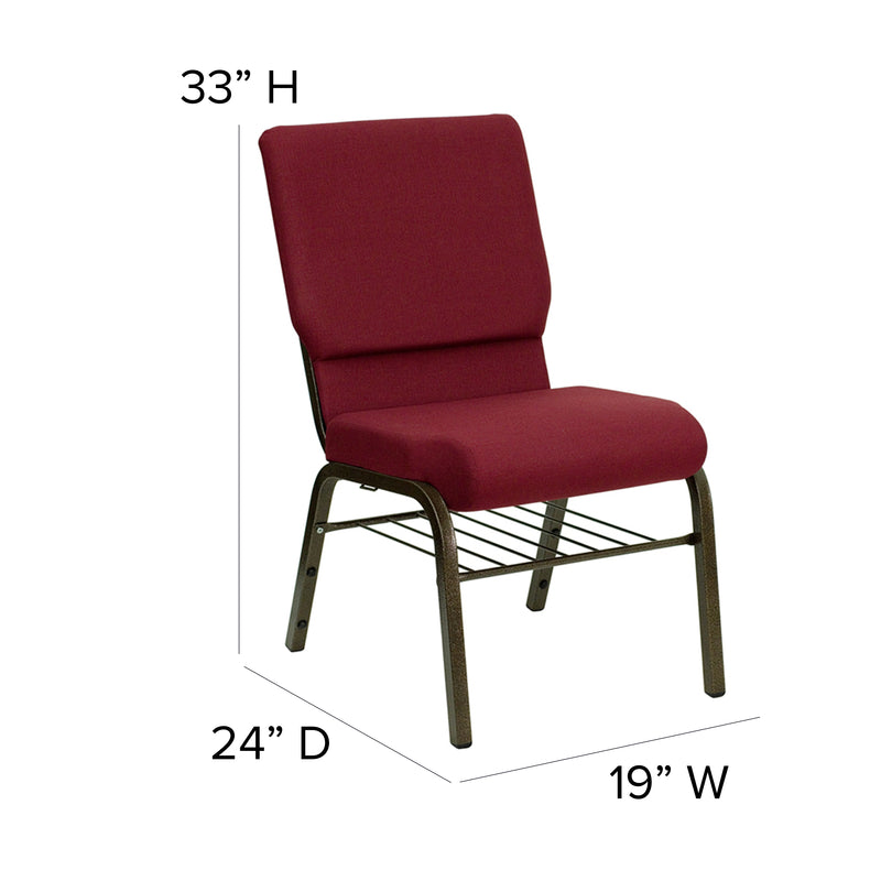 SINGLEWAVE Series 18.5''W Church Chair in Burgundy Fabric with Book Rack - Gold Vein Frame