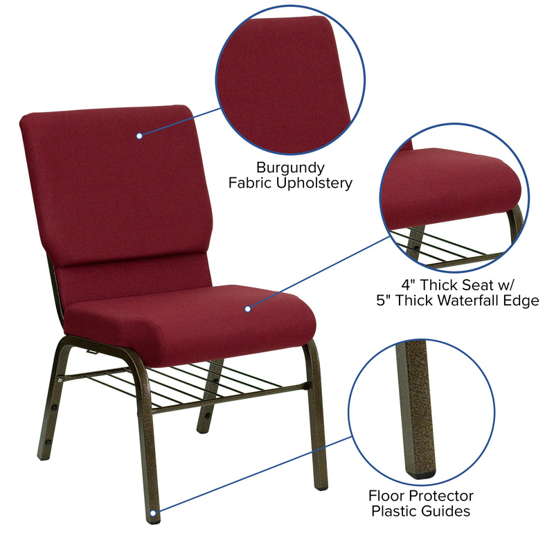 SINGLEWAVE Series 18.5''W Church Chair in Burgundy Fabric with Book Rack - Gold Vein Frame