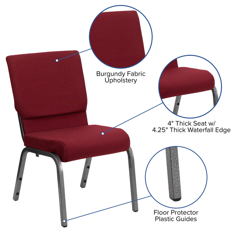 SINGLEWAVE Series 18.5''W Stacking Church Chair in Burgundy Fabric - Silver Vein Frame