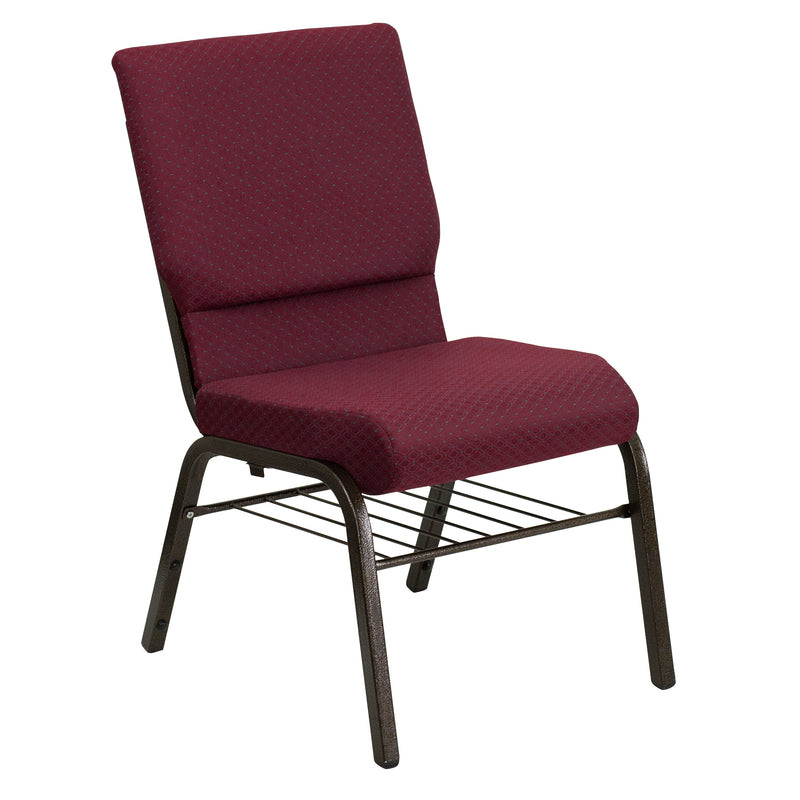 SINGLEWAVE Series 18.5''W Church Chair in Burgundy Patterned Fabric with Book Rack - Gold Vein Frame