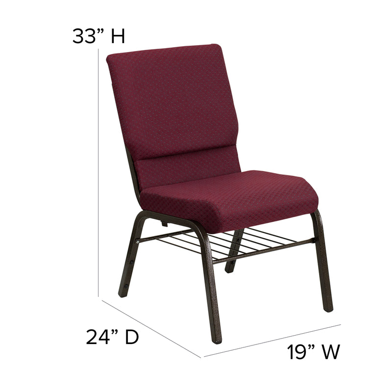 SINGLEWAVE Series 18.5''W Church Chair in Burgundy Patterned Fabric with Book Rack - Gold Vein Frame