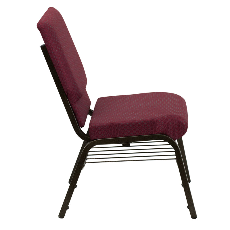 SINGLEWAVE Series 18.5''W Church Chair in Burgundy Patterned Fabric with Book Rack - Gold Vein Frame