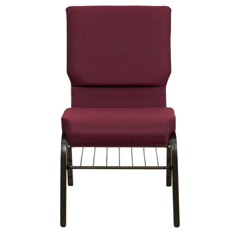 SINGLEWAVE Series 18.5''W Church Chair in Burgundy Patterned Fabric with Book Rack - Gold Vein Frame